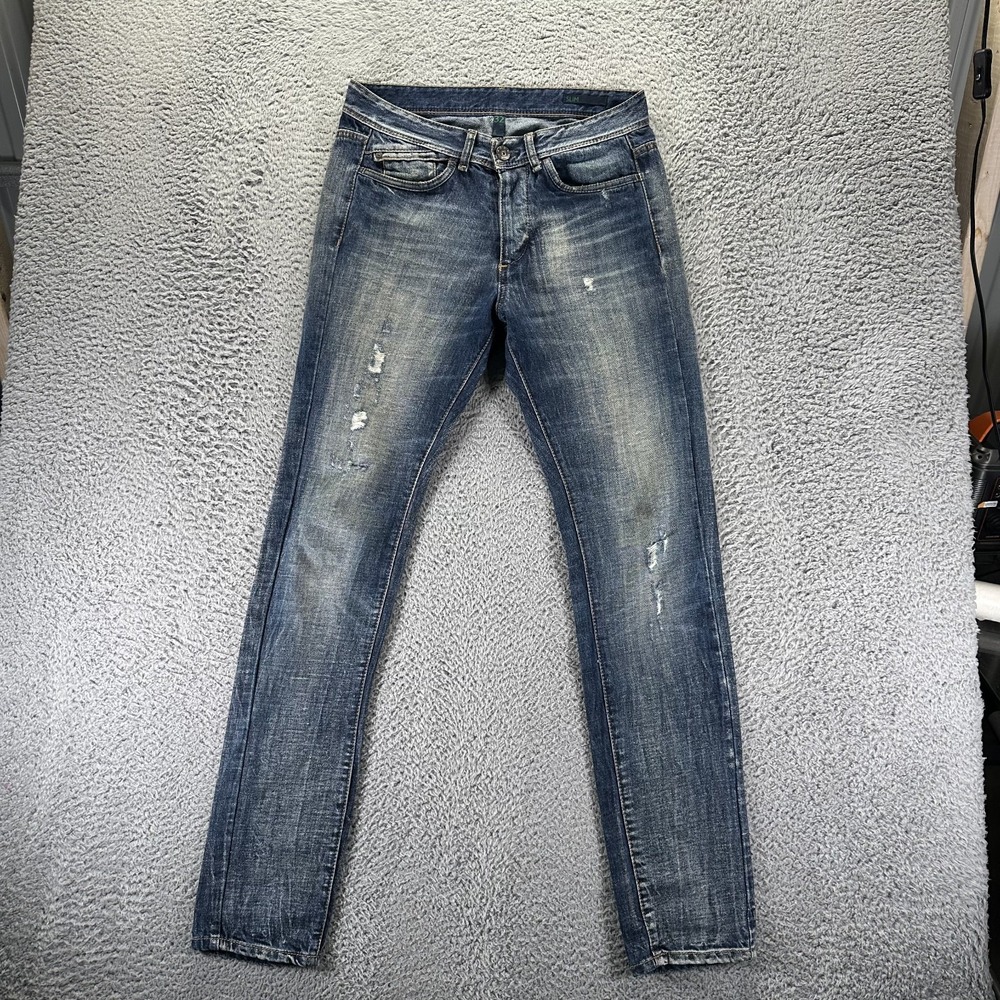 Benetton Jeans Mens 32x34 Blue Slim Distressed Button Fly Cotton Medium Wash